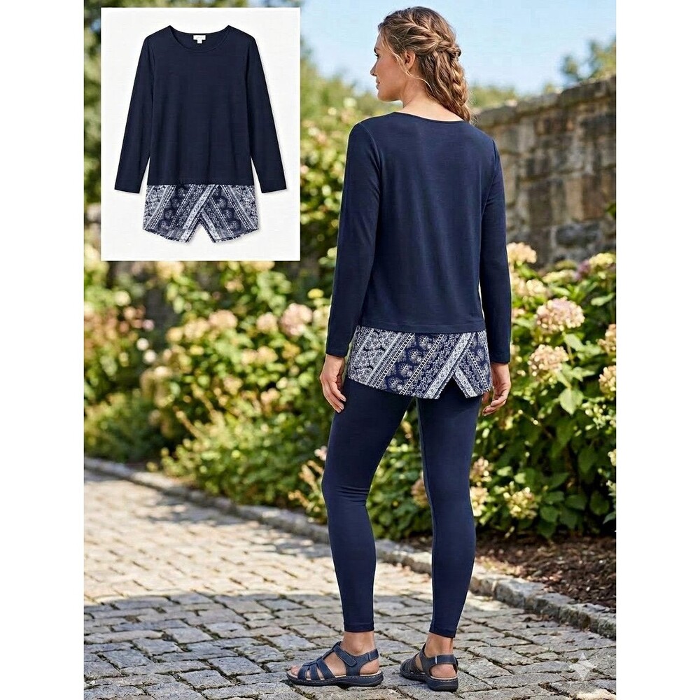J. Jill Women’s M Blue Geometric Tunic Top Round Neck Long Sleeve Knit Stretch